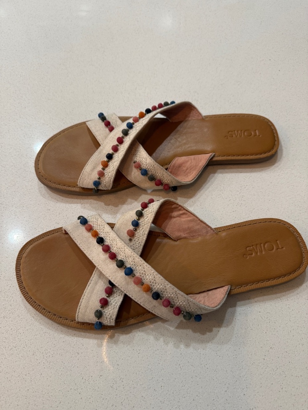 Toms Beige Cross-Strap Slide Flats Sandals with Multicolor Pom Accents